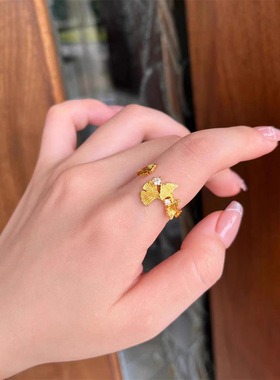 越南沙金镶钻三生有幸戒指银杏叶