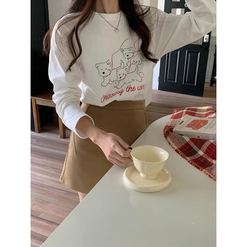 德鲁画册韩版长袖T恤卫衣女2026早春卡通动漫小狗磨毛圆领打底衫