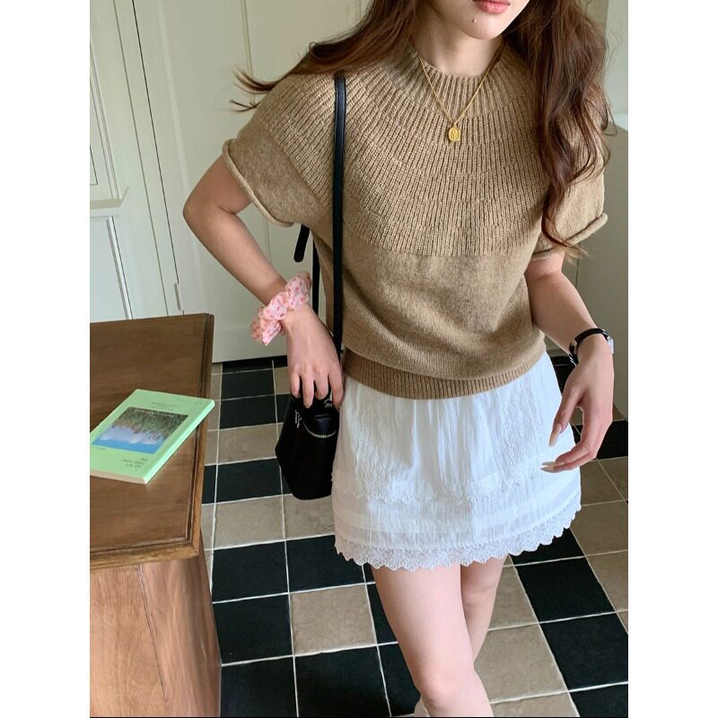 宽松慵懒风短袖T恤女2026早春新款松弛风卷边立领罗纹针织衫上衣