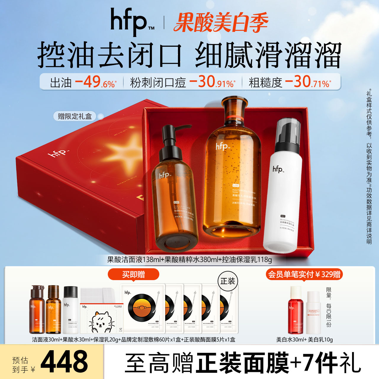 hfp果酸油皮水乳套装夏季清爽补水保湿收缩毛孔去闭口护肤品男女