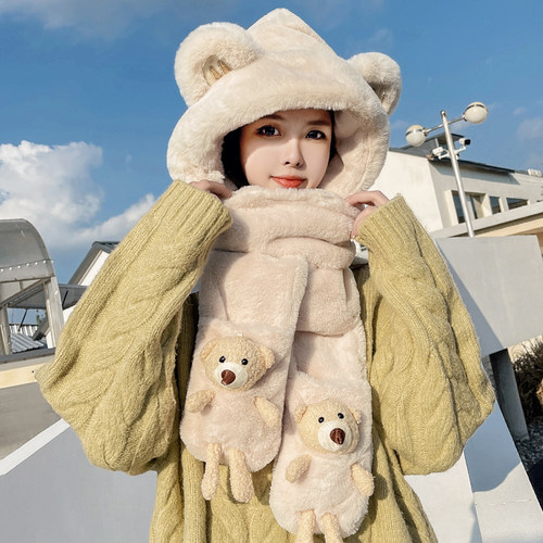 米舒熊帽子围巾可爱女冬帽子