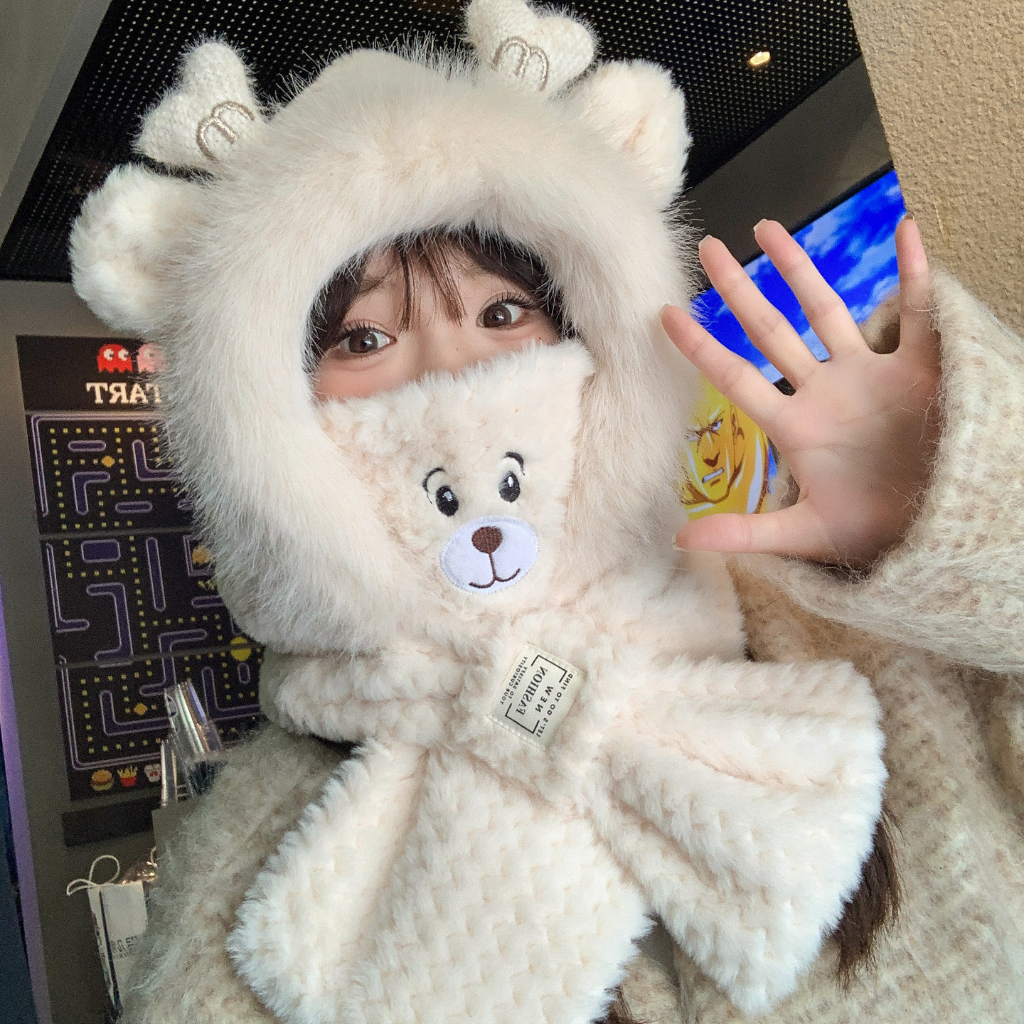 毛绒2025新款帽子女冬围巾一体加厚围脖毛茸茸防寒骑车防风雷锋帽