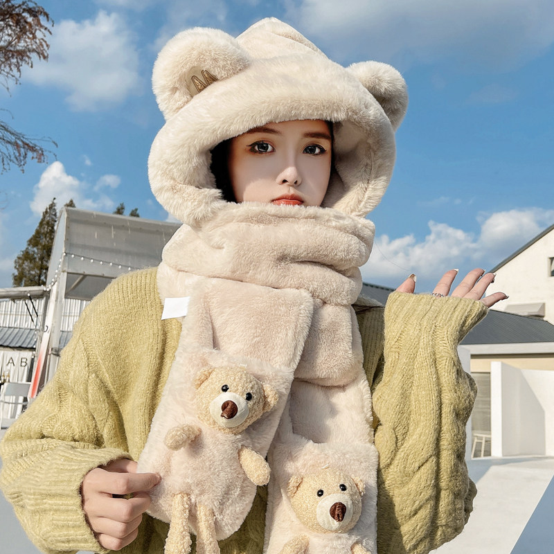 小熊可爱帽子女冬季加厚手套围巾一体围脖毛绒百搭保暖防寒毛茸茸