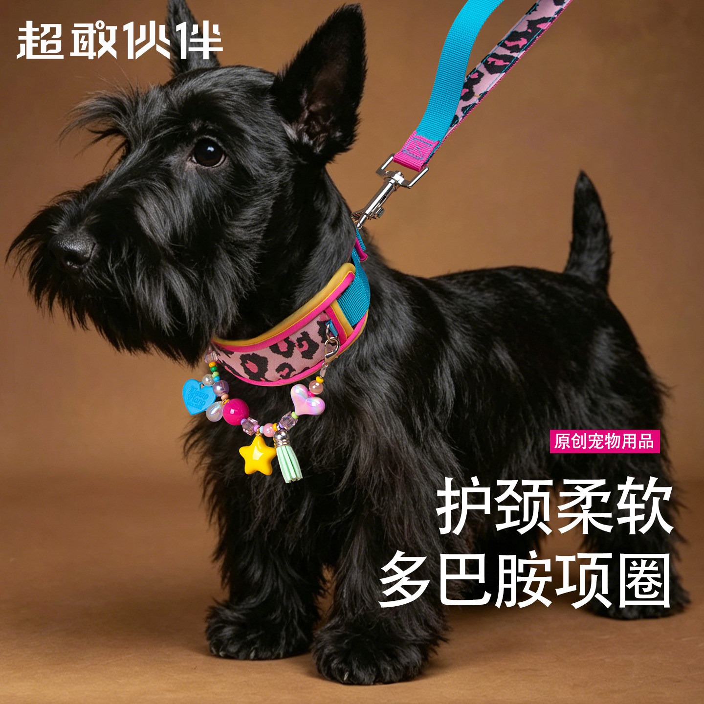 超敢伙伴粉蓝豹纹宠物护颈柔软项圈牵引绳狗狗项链小中型犬套装