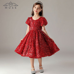 MUSE新款花童小主持人晚礼服女童钢琴歌唱朗诵演出模特走秀礼服红