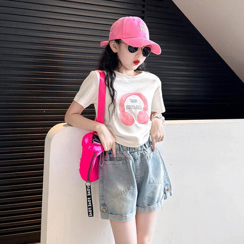 法国BERYDIA女童套装2026夏新款大童洋气牛仔短裤儿童女孩短袖