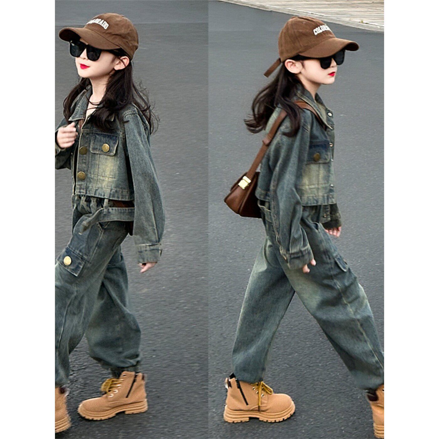 法国女孩牛仔套装2025秋季新中、大儿童后宫工装裤两件套休闲时尚