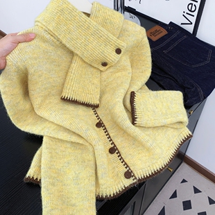 实拍 控价20 新款纯色针织开衫带围脖韩系撞色外搭上衣女套装毛衣