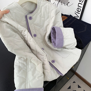 实拍 控价20 韩版撞色圆领菱格棉服女新款减龄甜美保暖棉衣外套