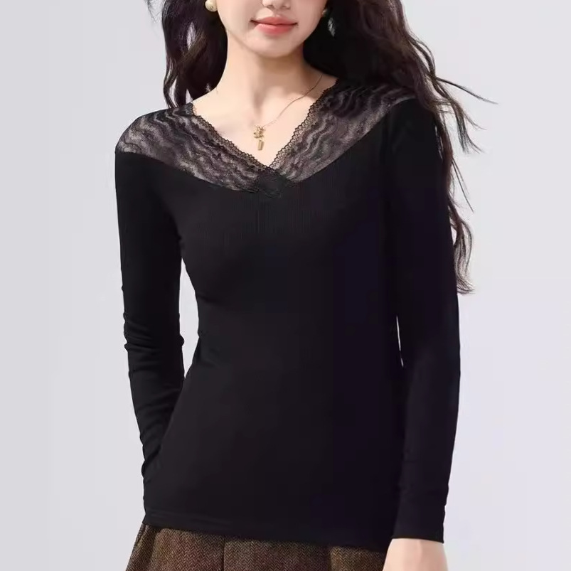 蕾丝上衣女长袖2025秋冬新款修身女装深v领网纱内搭打底衫洋气衫