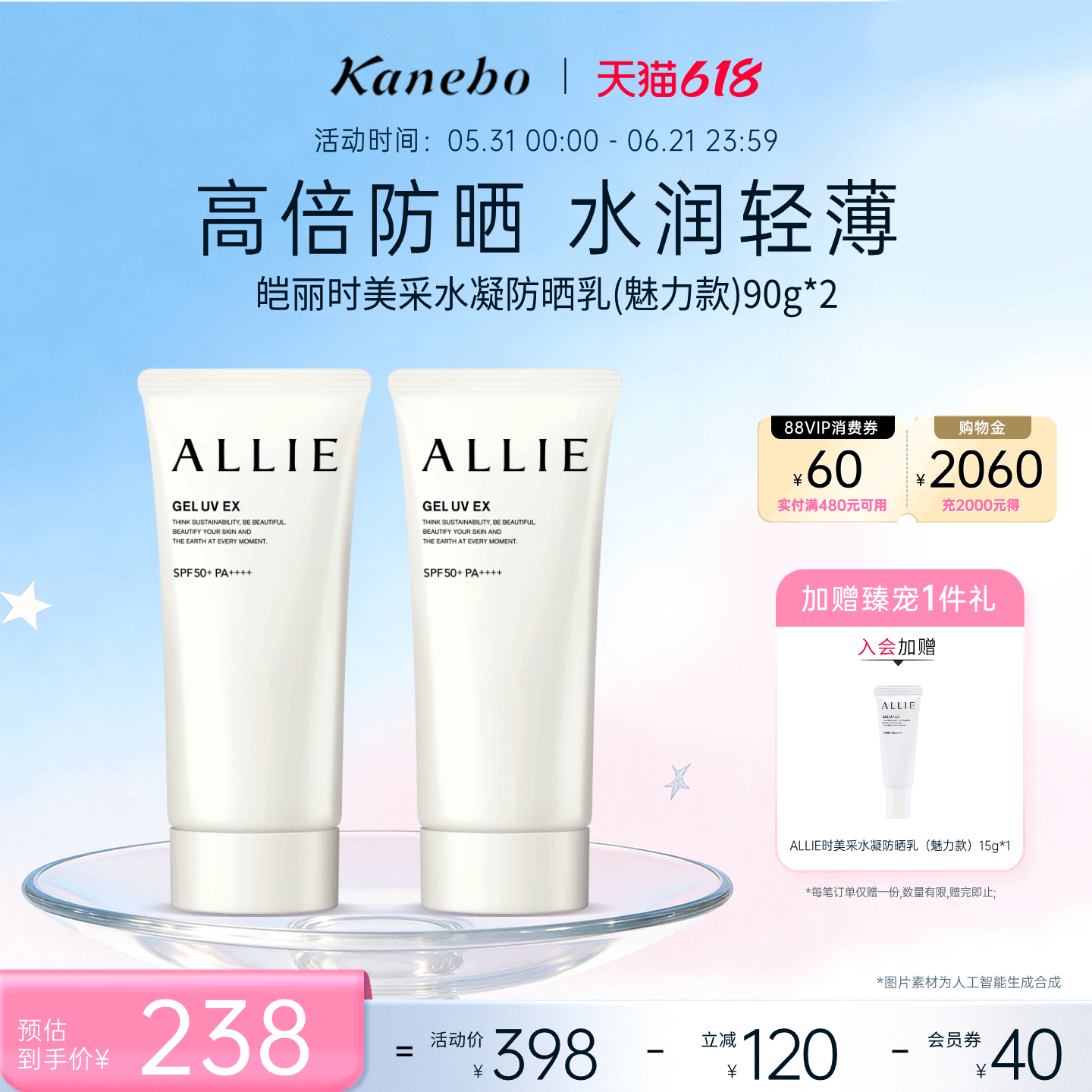 【618狂欢节】Kanebo嘉娜宝皑丽时美采水凝防晒乳魅力款持久90g*2