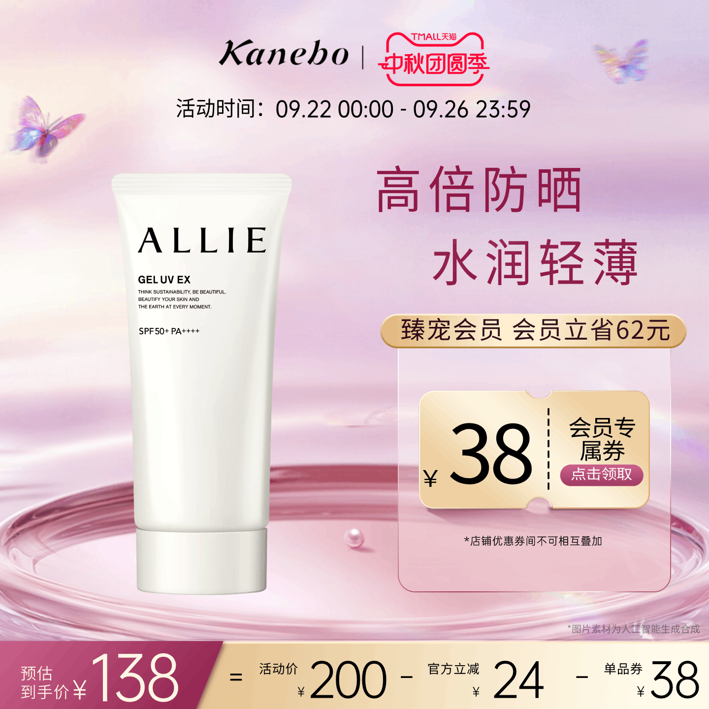 Kanebo嘉娜宝ALLIE皑丽时美采水凝防晒乳魅力款防晒霜水润持久90g