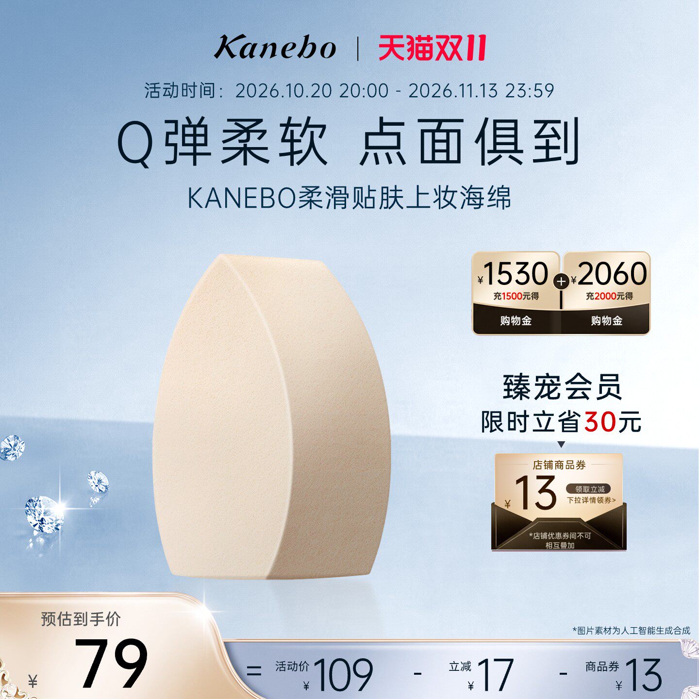 KANEBO嘉娜宝多面贴合柔滑贴肤上妆海绵粉扑干湿两用细腻不易吃粉