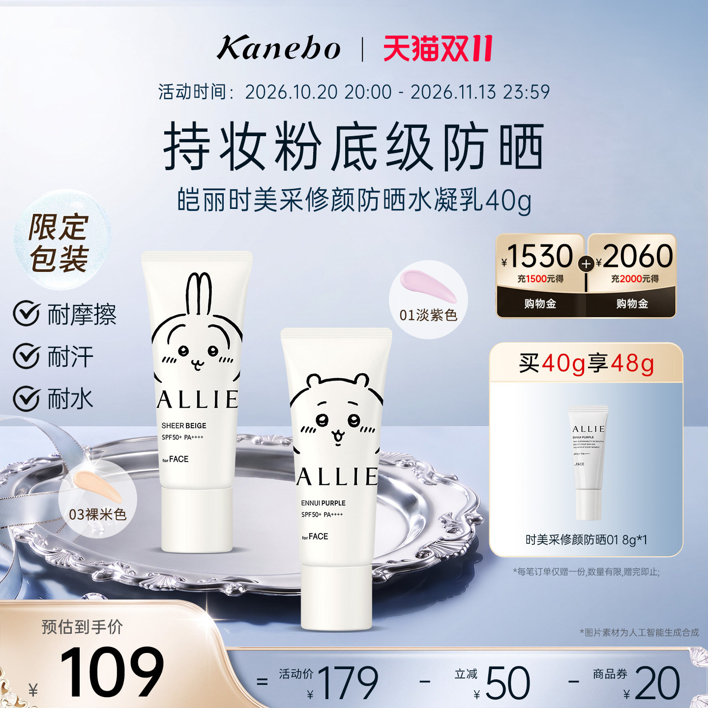 Kanebo皑丽时美采修颜防晒霜Chiikawa联名润色隔离耐水耐汗SPF50+
