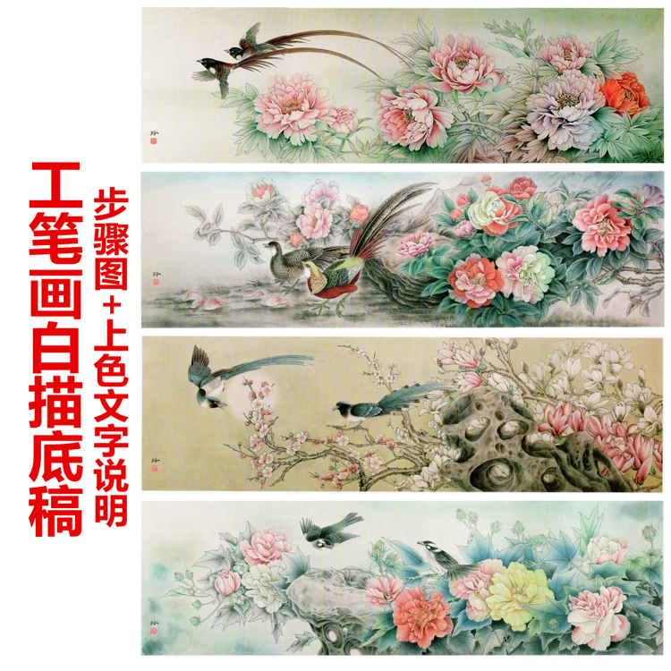 横幅花鸟牡丹芙蓉工笔画白描底稿步骤图+上色文字说明初学者过稿