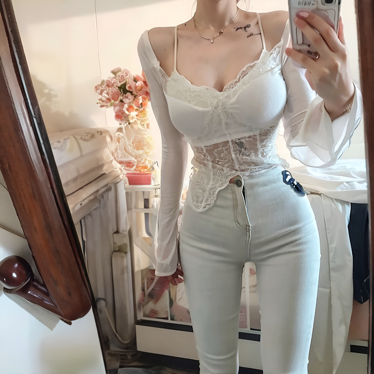 新款性感秋冬黑色V领蕾丝小众