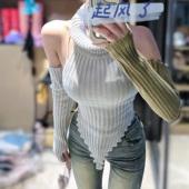 图图小有名气 辣妹风显身材纯色弹力护颈三角形针织上衣女送袖 套