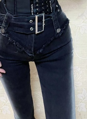 图图小有名气黑色渐变高腰毛边显腰细腿长微喇牛仔裤女假两件腰带