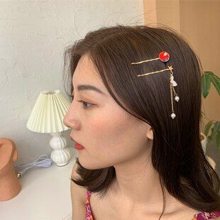 2支装和风仙鹤发夹边夹金属滴油一字夹日系流苏对夹发饰头饰品女