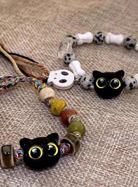 2026骷髅猫咪编织绳手链男女款小众设计感甜酷中国风流苏彩色手串