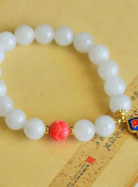 2026和田玉白玉莲花葫芦多宝手链手串搭配珐琅约10MM