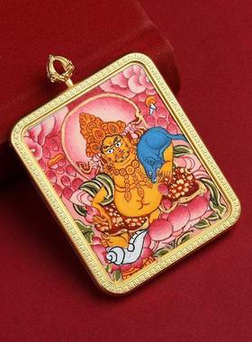 2026纯手绘唐卡黄财神嘎呜盒黄财神佛首五路财神吊坠画盒随身小挂