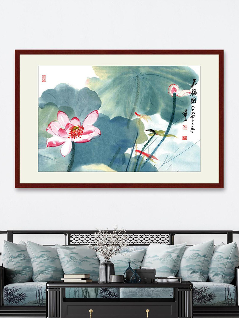 张大千荷花国画嘉藕图客厅沙发背景墙装饰画新中式卧室中国风挂画