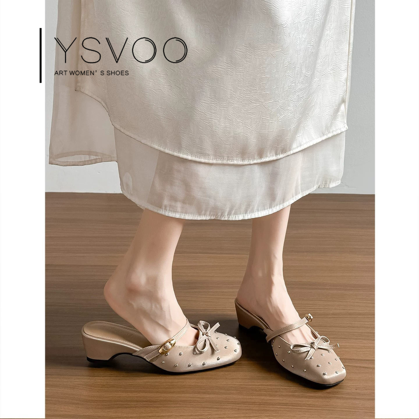 YSVOO【法式】真皮包头半拖鞋女外穿夏蝴蝶结小猫跟凉拖鞋不累脚