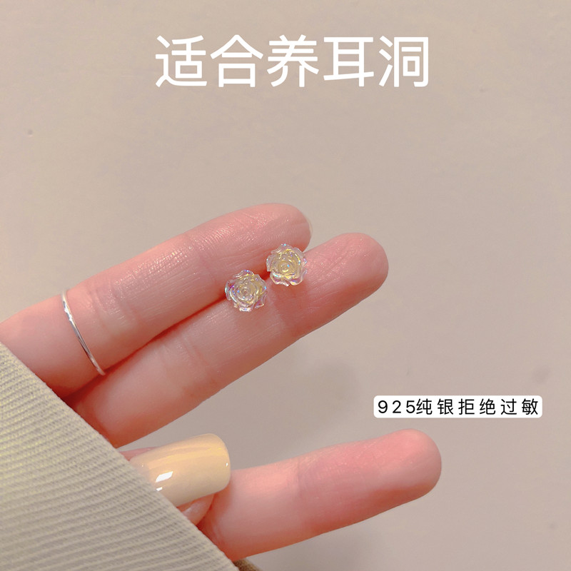 s925纯银玫瑰花耳钉耳棒