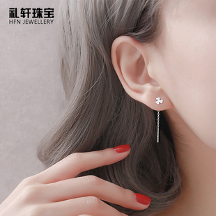 s999纯银花朵耳炼银饰叶子耳绳幸运女流苏短款 养耳洞睡觉免摘耳线