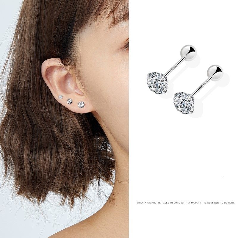 礼轩 s999纯银螺丝耳钉拧耳骨女养耳洗澡睡觉免摘耳环钻石耳饰男