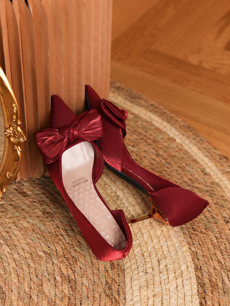 WINE RED HIGH HEELS WOMENS STILETTO POINTED BOW SINGLE SHOES FRENCH WEDDING SHOES BRIDAL SHOES TOAST XIUHE SHOES SATIN