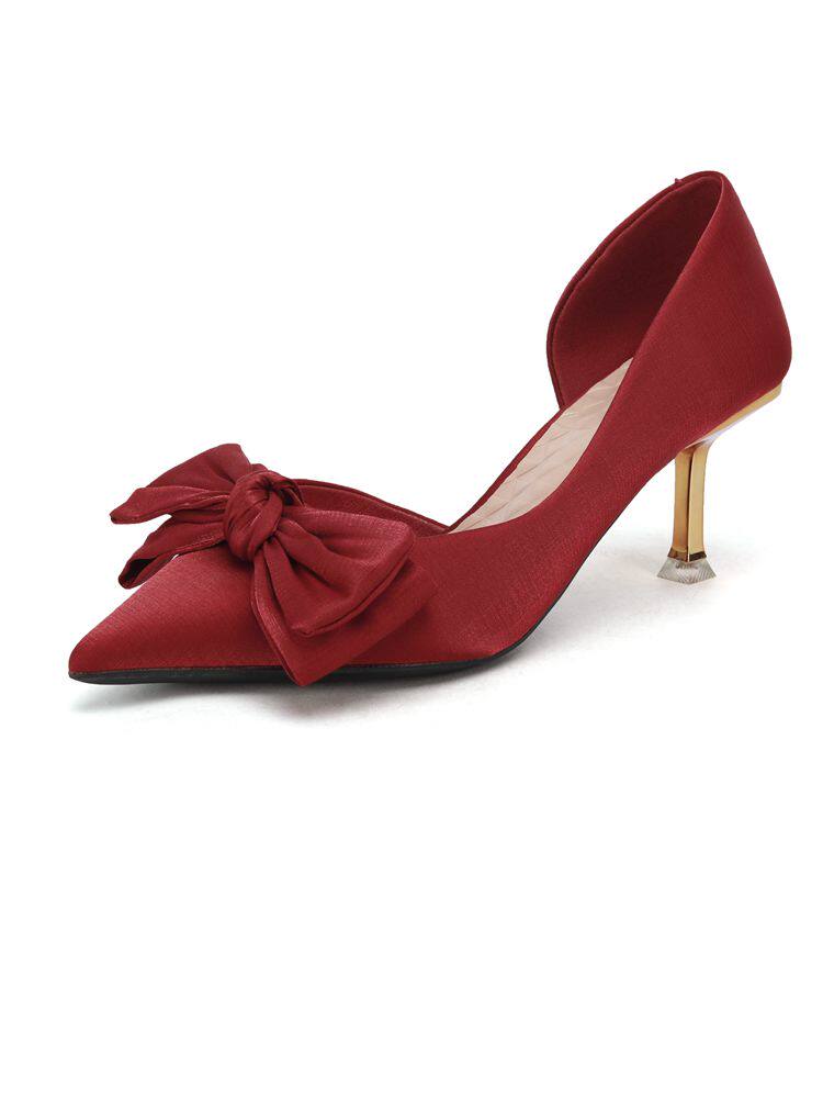 WINE RED HIGH HEELS WOMENS STILETTO POINTED BOW SINGLE SHOES FRENCH WEDDING SHOES BRIDAL SHOES TOAST XIUHE SHOES SATIN