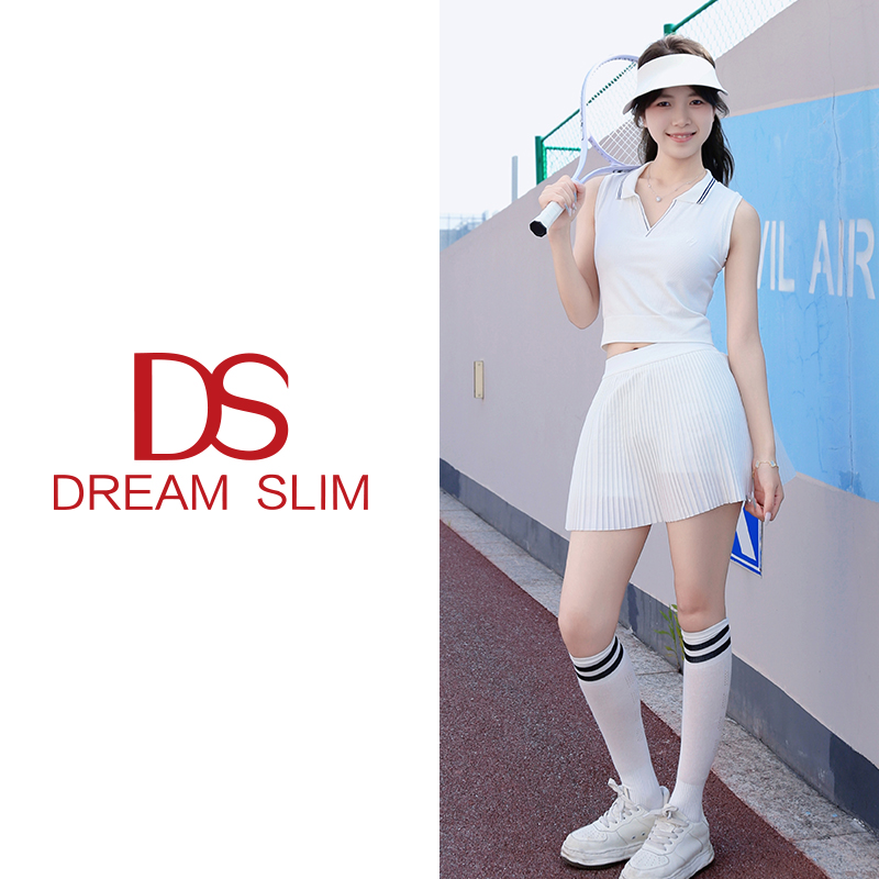 白色网球服短裙套装运动背心瑜伽服健身防震翻领上衣带胸垫一体杯