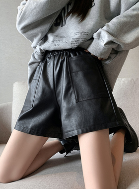 皮短裤秋冬新款高腰女修身显瘦大码宽松外穿a字阔腿裤靴裤PU皮裤