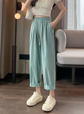 棉麻工装裤薄款女春夏新款高腰显瘦哈伦萝卜裤宽松休闲直筒阔腿裤