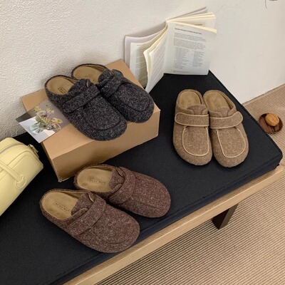 布谷屋buguwu秋冬新款毛呢勃肯鞋半拖女厚底一脚蹬方头魔术贴拖鞋