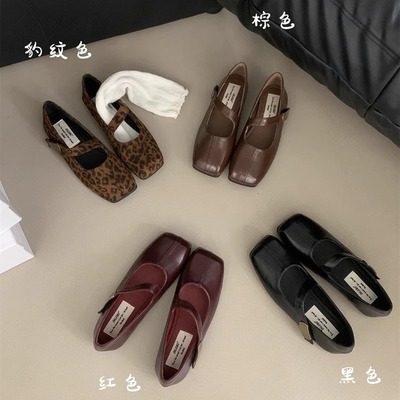 高级感复古风方头玛丽珍鞋女时尚豹纹一字带低跟单鞋气质秋季女鞋