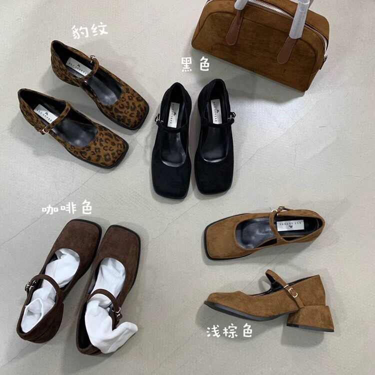 AL阿里情人粗跟豹纹单鞋女复古绒面玛丽珍鞋百搭方头一字带小皮鞋图片