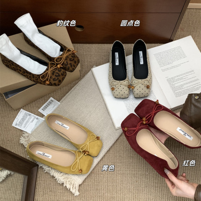 OKLEIBO莱宝绒面黄色单鞋女2025新款浅口方头内增高一脚蹬平底鞋