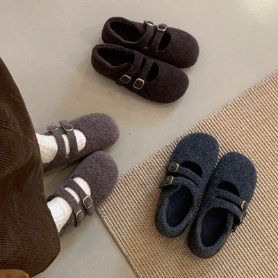 布谷屋buguwu复古双排扣毛呢平底玛丽珍女2025新款冬季加绒毛毛鞋