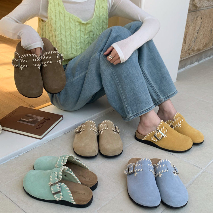 BULAGE磨砂真皮黄色勃肯鞋半拖鞋女外穿厚底皮带扣懒人包头半拖鞋