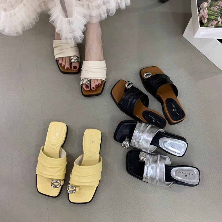 阿里情人拖鞋女外穿夏季法式褶皱鞋子厚底一字拖金属套趾凉拖鞋女图片