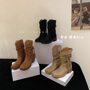 ALILOVERS阿哩情人复古编织流苏靴女粗跟显瘦中长筒靴埃及靴秋冬
