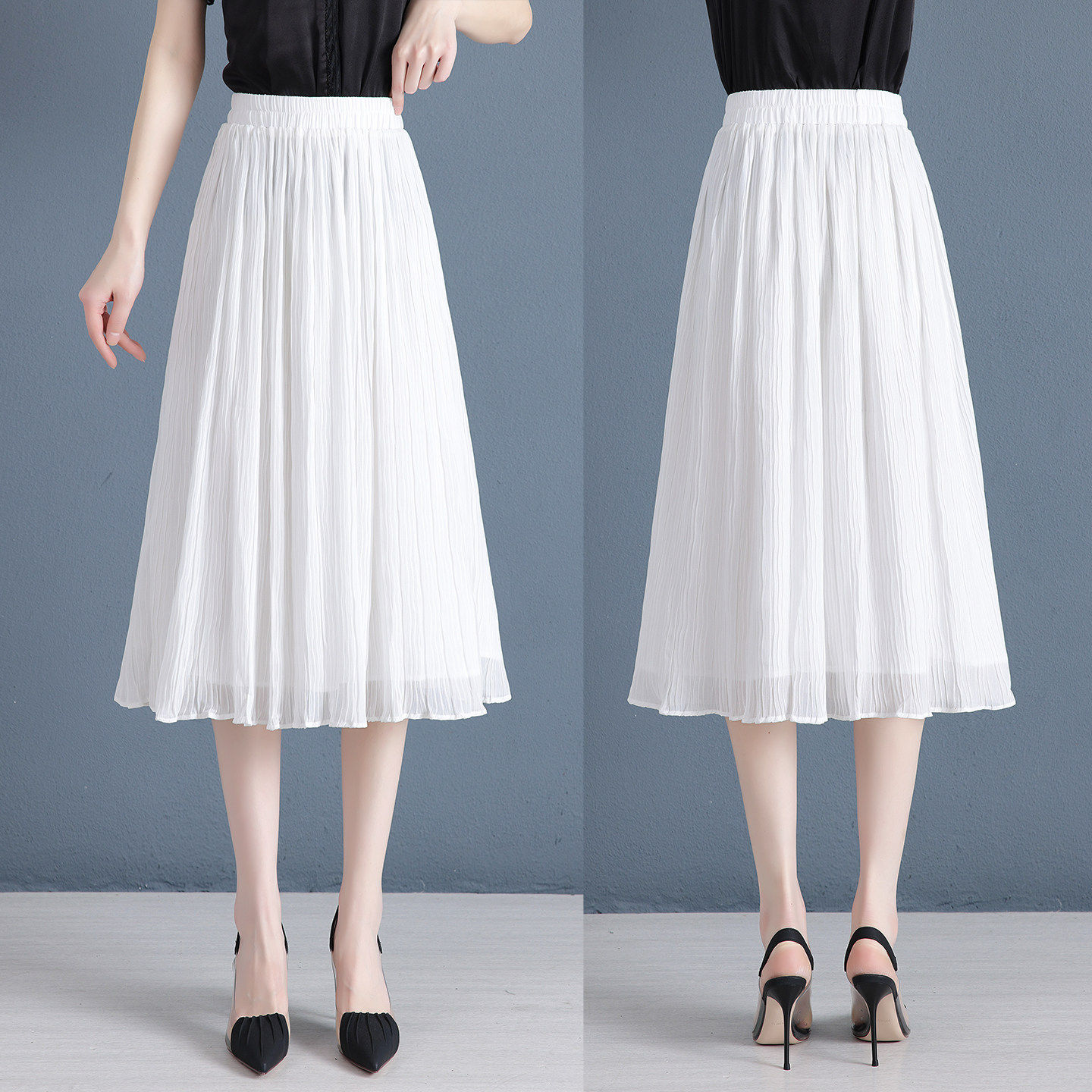 白色雪纺半身裙女夏季薄款2026新款高腰A字褶皱百褶裙中长款伞裙