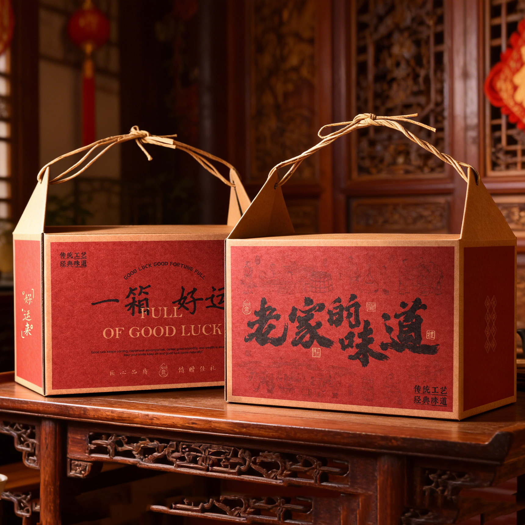 中式复古年货礼品包装盒熟食腊肠坚果海鲜糕点春节手提大礼包盒子