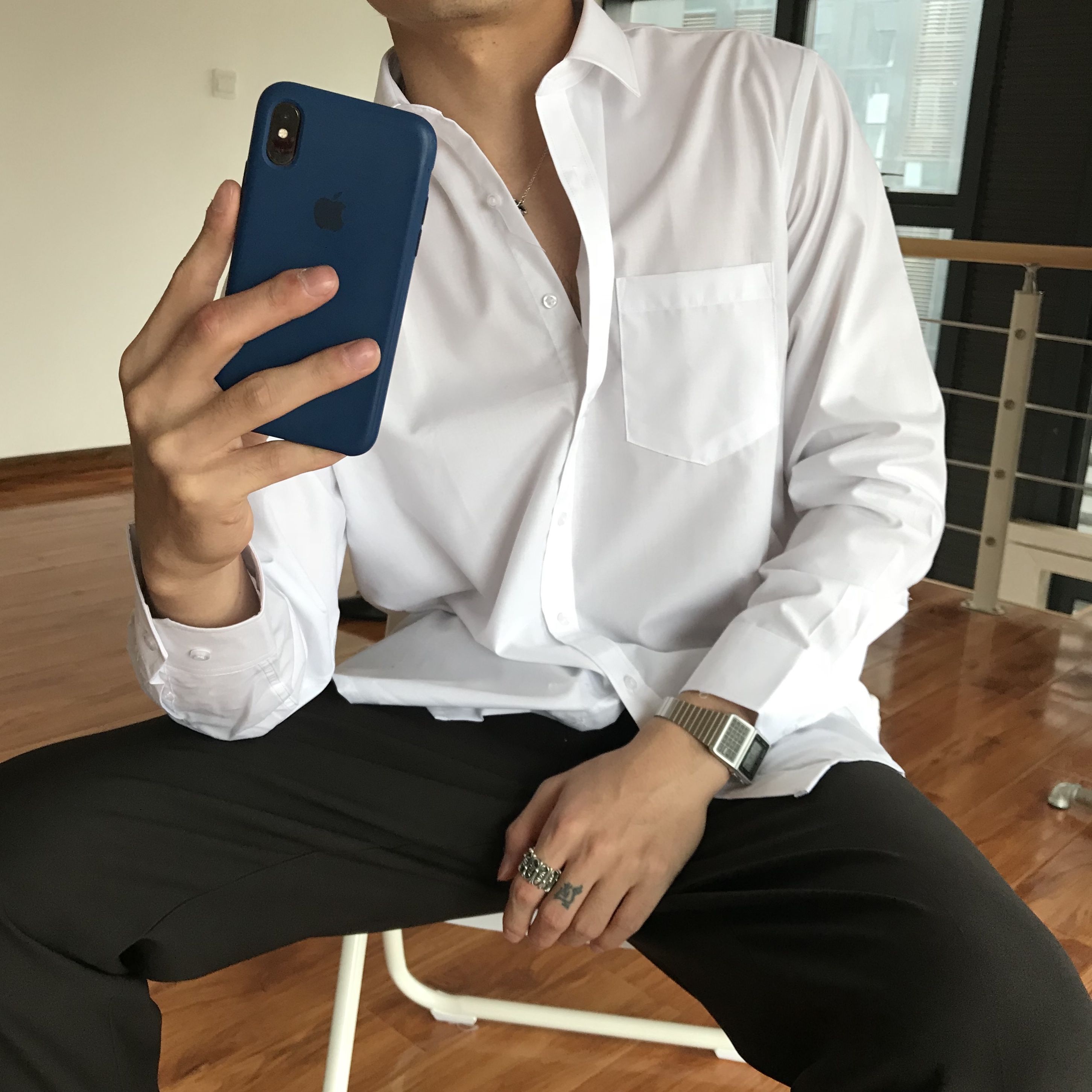 春季休闲心机设计感超仙坠感长袖百搭白衬衫男ins慵懒风禁欲系bf