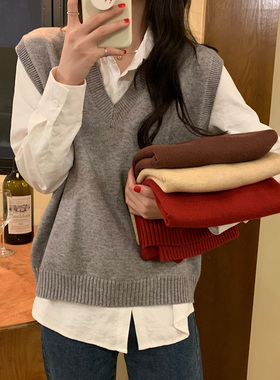 2023年新款无袖V领灰色针织马甲女春秋复古宽松外搭毛衣背心坎肩