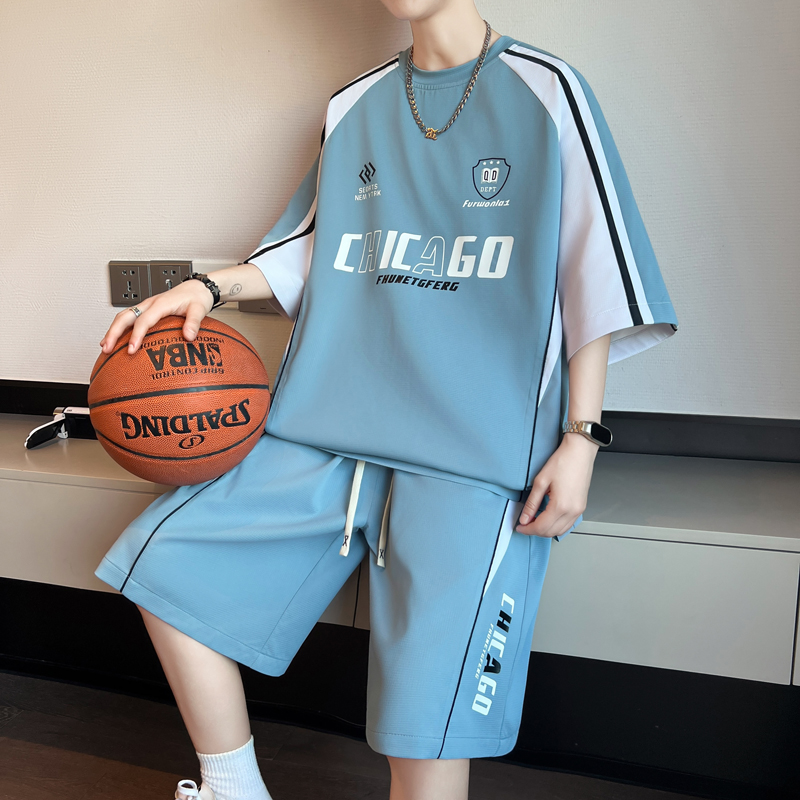 夏季冰丝速干t恤男初中学生篮球衣服青少年大童短袖短裤运动套装