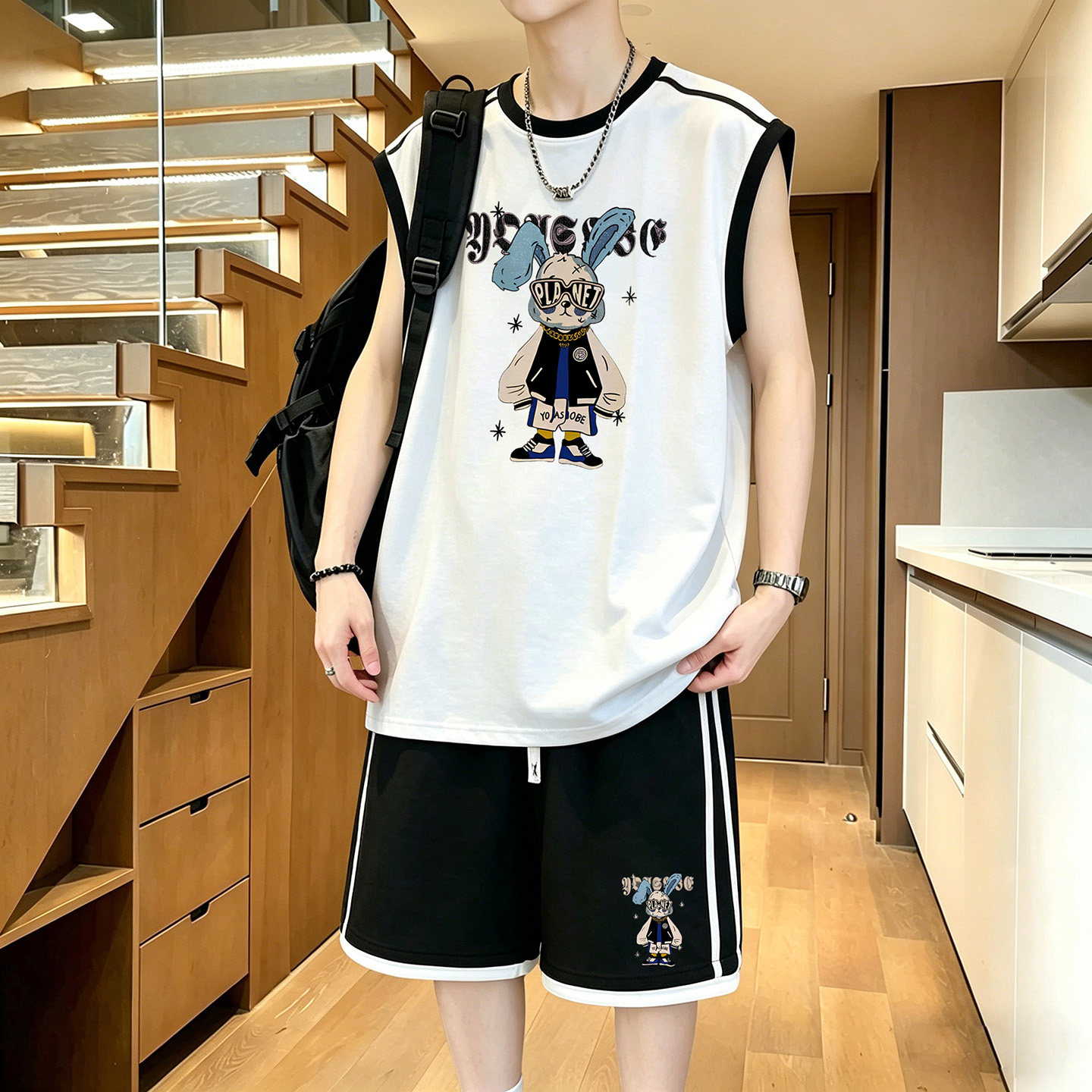 无袖背心短裤套装男夏季初中高中学生冰丝速干t恤青少年大童夏装